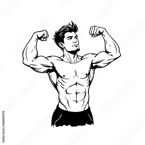 Strong man flexing biceps demonstrating fitness black and white vector illustration champion of