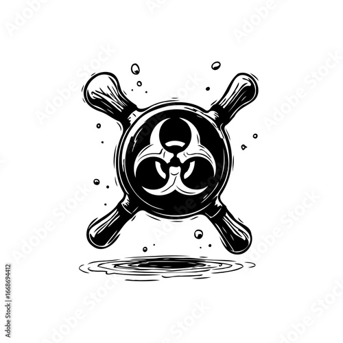 Stylized biohazard symbol in a circular frame with artistic splash effects conveys danger