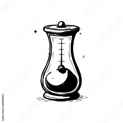 Stylized black and white depiction of an hourglass time measuring device concept with elegant