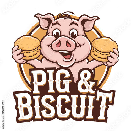 Happy Pig Mascot with Biscuits. Fun Logo for a Restaurant, BBQ Joint, or Food Business. Vector Illustration.