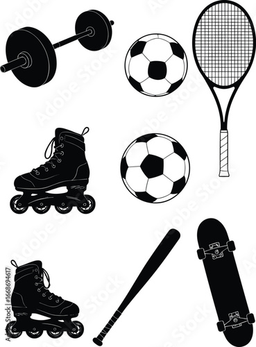 Sports equipment vector set, fitness dumbbell, football, tennis racket, roller skates, skateboard, baseball bat illustration, recreational activity, outdoor games, exercise gear design