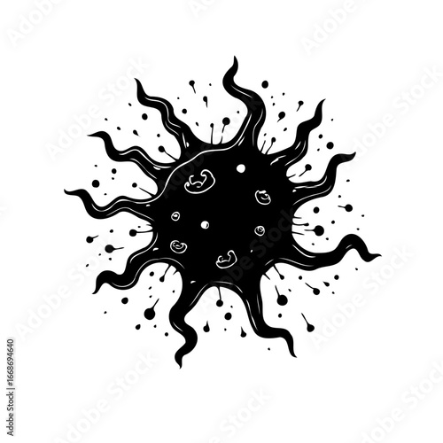 Stylized depiction of a pathogen with radiating projections embodying microscopic infectious