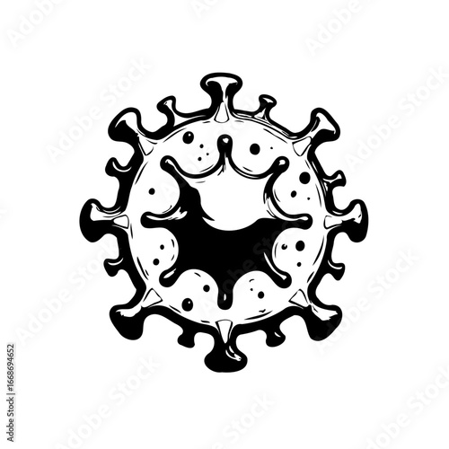 Stylized depiction of a viral particle against a white backdrop indicating the global impact of