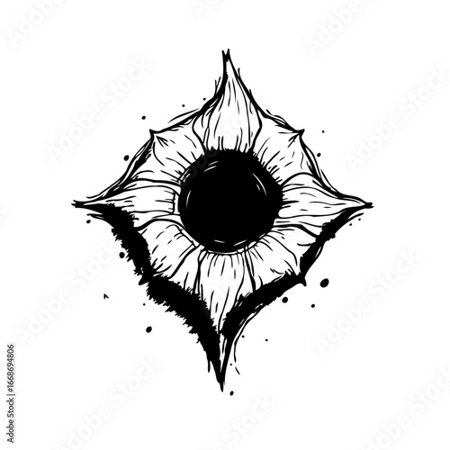 Stylized floral emblem with a central void evoking stylized cosmic or fantasy design symbolism and