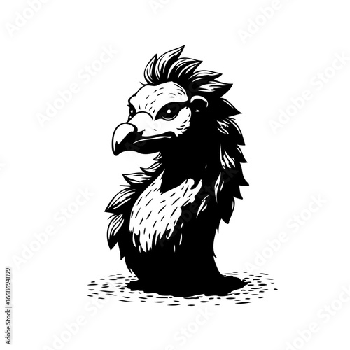 Stylized monochromatic rendering of a fantastical avian creature evoking mystery and intrigue