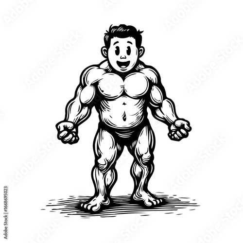 Stylized muscular figure cartoonish physique depiction highlighting exaggerated muscle definition