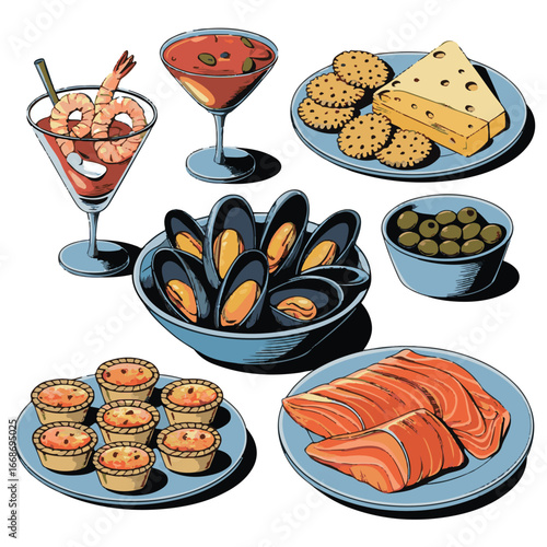 Appetizer & Seafood Illustration Set – Shrimp Cocktails, Mussels, Cheese, Crackers, Salmon, Tarts, and Olives