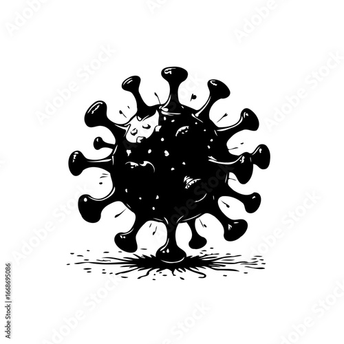 Stylized representation of a virus cell with prominent spikes rendered in striking black and white