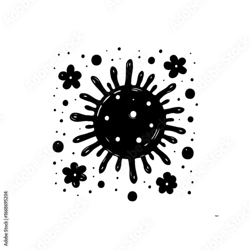 Stylized viral cell representation with floral and dot elements evoking scientific abstractness