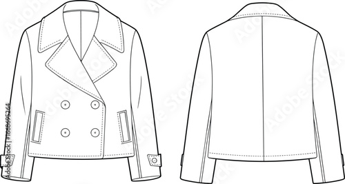 Classic women’s double-breasted peacoat fashion sketch, short jacket technical drawing, outerwear design template, winter coat flat vector illustration