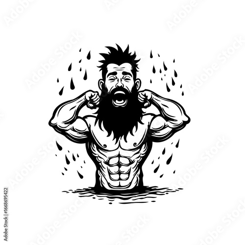 Triumphant bearded bodybuilder flexing muscles in triumphant roar with droplet illustration
