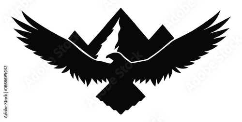 Majestic eagle soars above the mountain range black and white emblem
