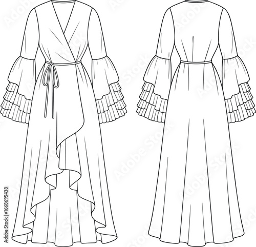 Elegant women's ruffle sleeve wrap dress fashion sketch, long flowy gown illustration, garment technical drawing, formal outfit template