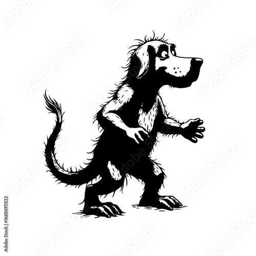 Whimsical canine figure depicted with unique artistic style showcasing imaginative animal