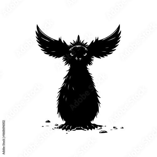 Whimsical dark silhouette of fantastical creature with expansive wings amidst scattered pebbles