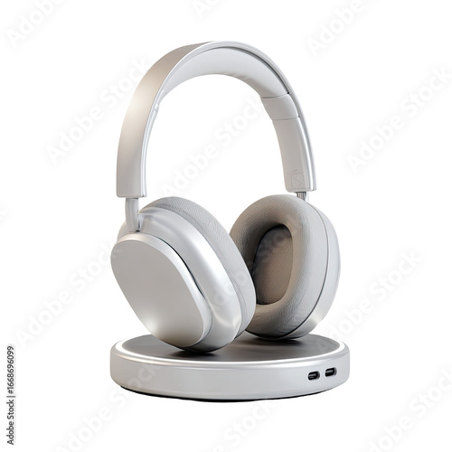 Sleek, light gray over-ear headphones resting on a matching circular charging stand