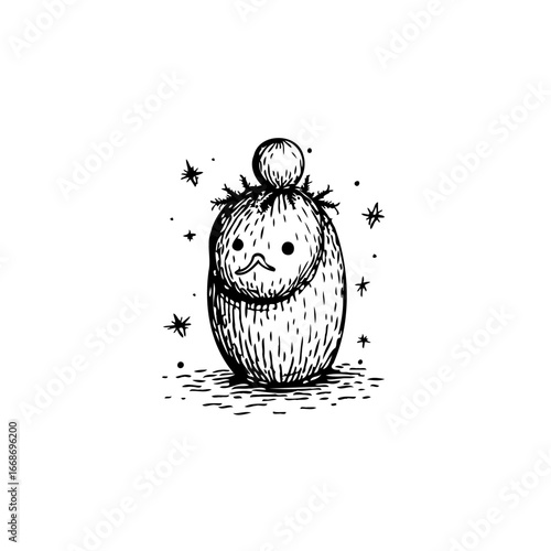 Whimsical hatched creature illustration in monochrome with simple design and starry accents and