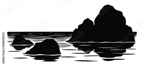 Monochrome Ocean Silhouette with Setting Sun and Rocks Serene Coastal Scene