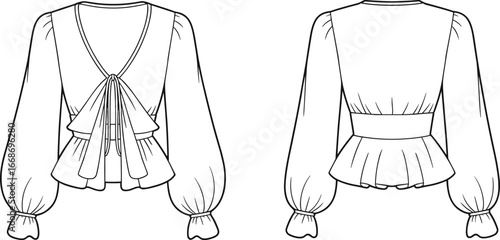 Stylish Women’s Peplum Blouse Technical Flat Sketch, Front and Back View, Long Sleeve, Ruffle Detail, Fashion Design Template