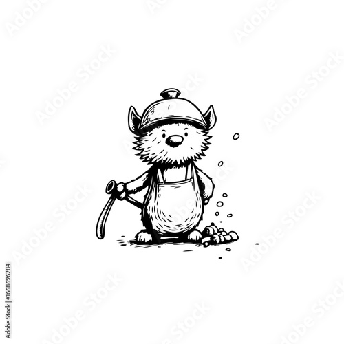 Whimsical illustration of a gardening creature in overalls cultivating with joyful animation under