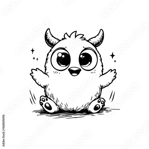 Whimsical monster drawing showcasing playful charm with big eyes horns and fluffy texture bringing