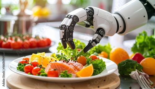 Robot Arm Preparing Healthy Food Plate with Salmon and Vegetables in Kitchen