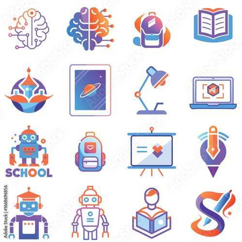 Set of colorful educational icons for learning and technology development purposes