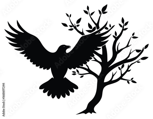 Mystical raven soaring through the air near a tree silhouette graphic