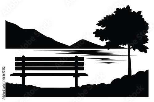 Peaceful lakeside view with bench and tree silhouette in nature illustration
