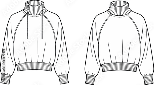 Trendy women’s pullover sweatshirt fashion sketch, stylish long sleeve winter wear, cozy ribbed collar top, vector technical drawing