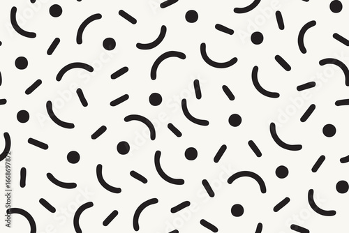 Seamless Playful Memphis style black pattern with dots and arcs