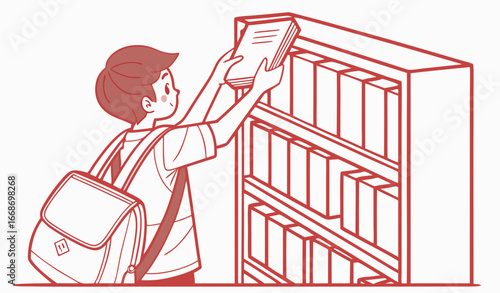 Boy takes paper book from shelf of bookcase in bookstore or school library. Student chooses textbook for learning, novel for reading on bookshelf back view. Flat isolated vector illustration