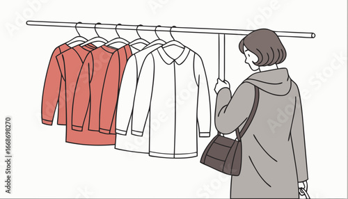 Customer chooses clothes on rack to buy. Buyer makes choice of garments on hangers back view. Person shopping, searches outfit on rail in store. Flat isolated vector illustration