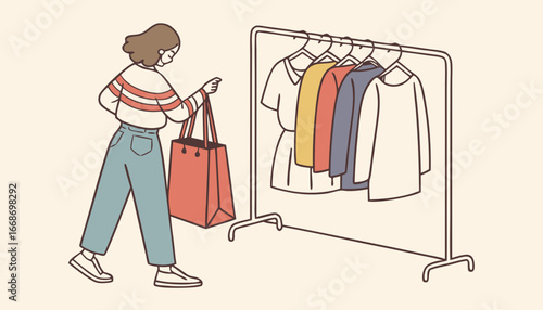 vCustomer chooses clothes on rack to buy. Buyer makes choice of garments on hangers back view. Person shopping, searches outfit on rail in store. Flat isolated vector illustration
