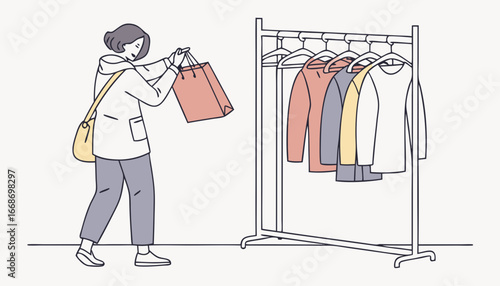 Customer chooses clothes on rack to buy. Buyer makes choice of garments on hangers back view. Person shopping, searches outfit on rail in store. Flat isolated vector illustration
