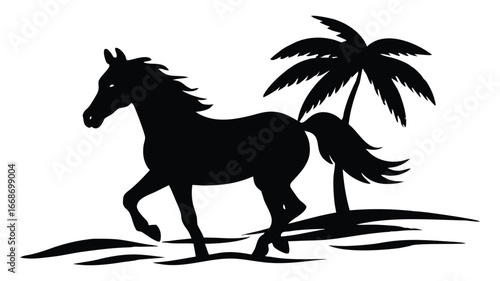 Silhouette of a horse running near a palm tree tropical scene