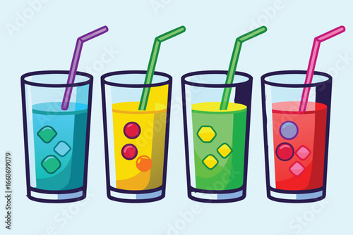 Cartoon illustration of colorful summer drinks with straws and ice