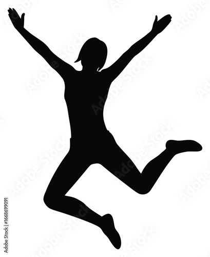 Silhouette of a joyful woman jumping with arms raised expressing freedom