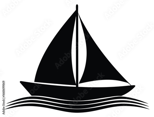 Silhouette of a sailboat sailing on the water with white background