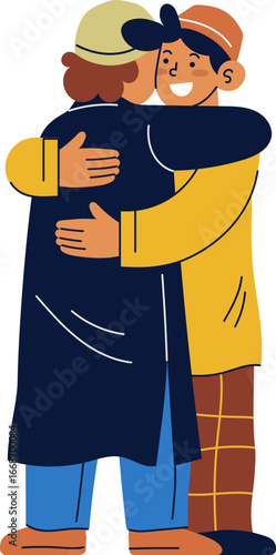 Two smiling men in traditional clothing embrace warmly, sharing a moment of connection and joy.