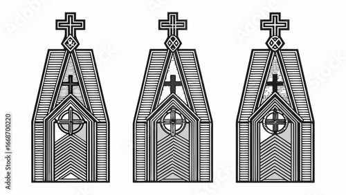 Three identical church structures with crosses and geometric designs in black and white illustration |  editable eps vectors silhouette