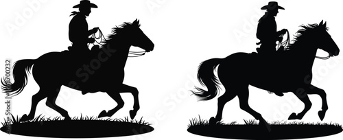Silhouette of Cowboy Riding Horse at Gallop, Western Rodeo Scene, Country Life, Equestrian Motion, Vintage Wild West Style