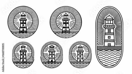 Illustration showing six lighthouse designs in circular and oval frames with radiating lines and wavy water |  editable eps vectors silhouette