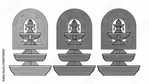 Three line art fountains with layered arches and tiered basins in a symmetrical arrangement design |  editable eps vectors silhouette