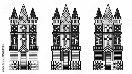 Three detailed black and white drawings of stylized buildings with intricate patterns and tower elements |  editable eps vectors silhouette
