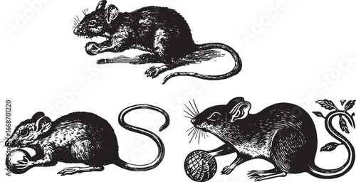 Black and white woodcut of a hazel mouse with a long tail, holding a ball in its paws, full body, old monochrome print illustration in the style of an English artist circa the 9th white backgr.eps