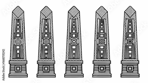 Five obelisk structures with geometric patterns and crosshatch texture on a white background design art |  editable eps vectors silhouette
