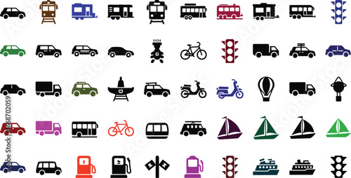 Transportation vehicles icons set vector car bus train boat icon
