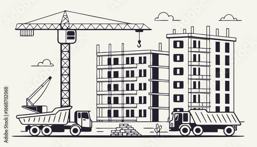 Construction site area with cranes, trucks. Process of building high rise house, multistory real estate, multi storey residential apartments. Incomplete new block of flats. Flat vector illustration
