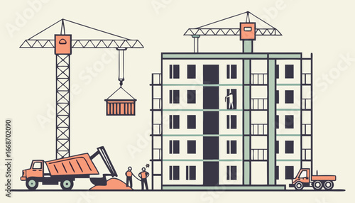Construction site area with cranes, trucks. Process of building high rise house, multistory real estate, multi storey residential apartments. Incomplete new block of flats. Flat vector illustration